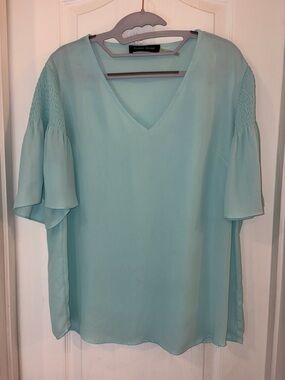 IVANKA TRUMP Teal V-Neck Flutter Sleeve Blouse